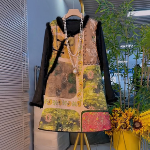 女装 打底套装 2024冬季 胖妹妹国风夹棉马甲裙水貂毛拼接袖 新款 大码