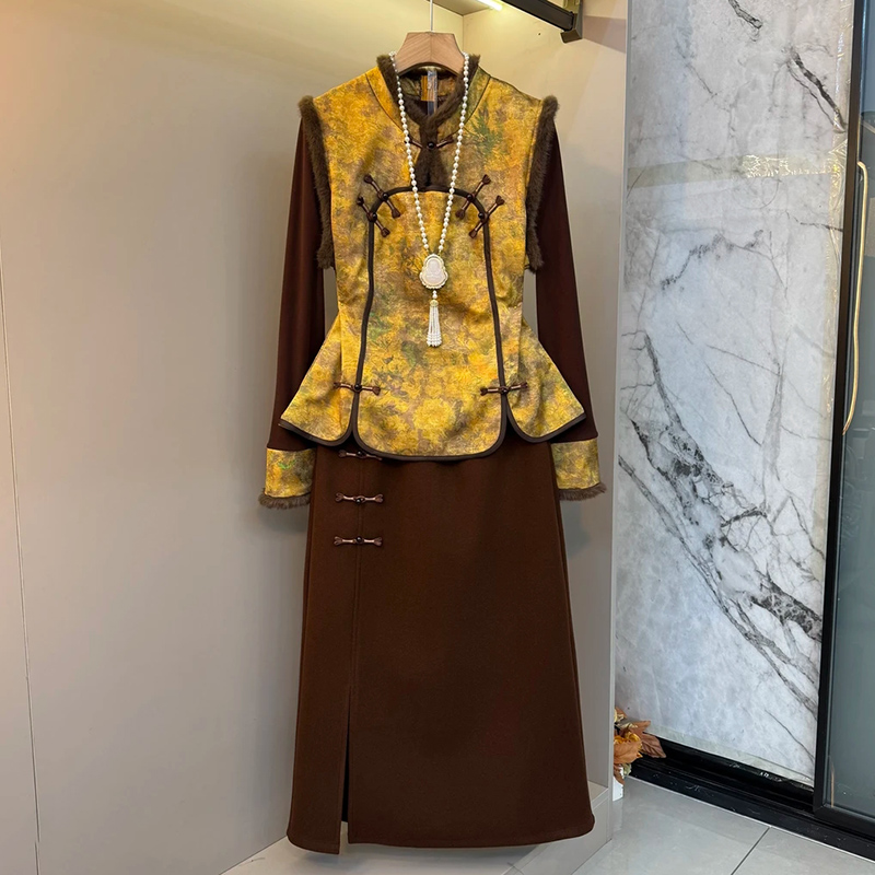 提花大码女装新中式马甲裙子套装