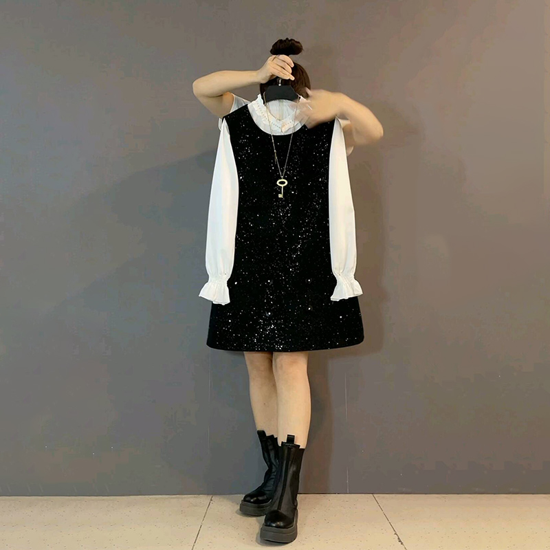 毛呢亮闪花朵马甲裙打底衫两件套