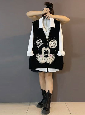 胖妹妹大码女装2025秋季新款韩版卡通米奇针织马甲休闲百搭衬衫女