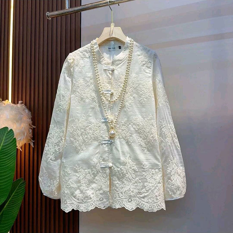 2026春季新款欧洲站气质国风刺绣开襟盘扣蕾丝衫大码女装洋气上衣,女装/女士精品,大码内搭,淘宝优惠券,粉丝福利购,淘宝优惠卷