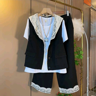 洋气大码 女装 胖MM蕾丝连帽马甲打底衫 2025夏季 套装 时尚 阔腿裤 新款