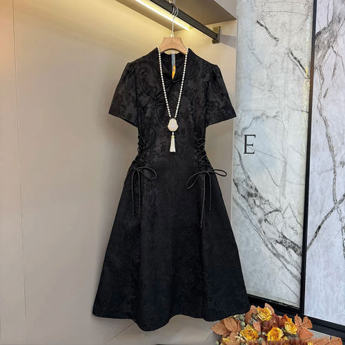 新中式复古收腰碎花旗袍连衣裙新