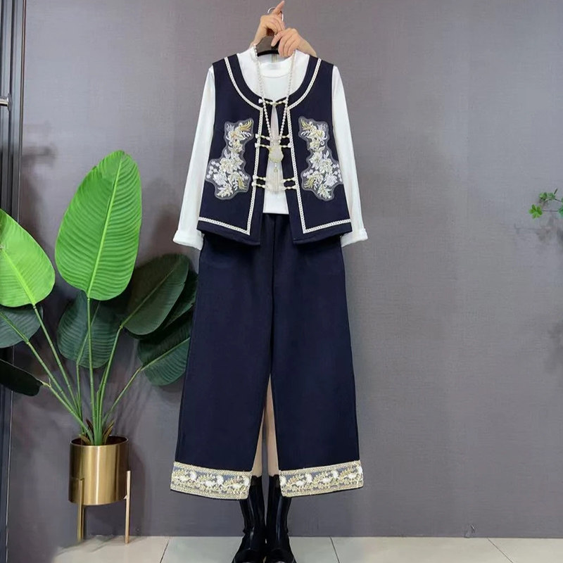 2026春季新款刺绣钉珠马甲阔腿裤胖MM显瘦净版打底衫大码女装套装,女装/女士精品,大码套装,淘宝优惠券,粉丝福利购,淘宝优惠卷