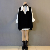 女装 宽松显瘦针织马甲职业百搭衬衫 秋季 胖mm大码 新款 净版 两件套装