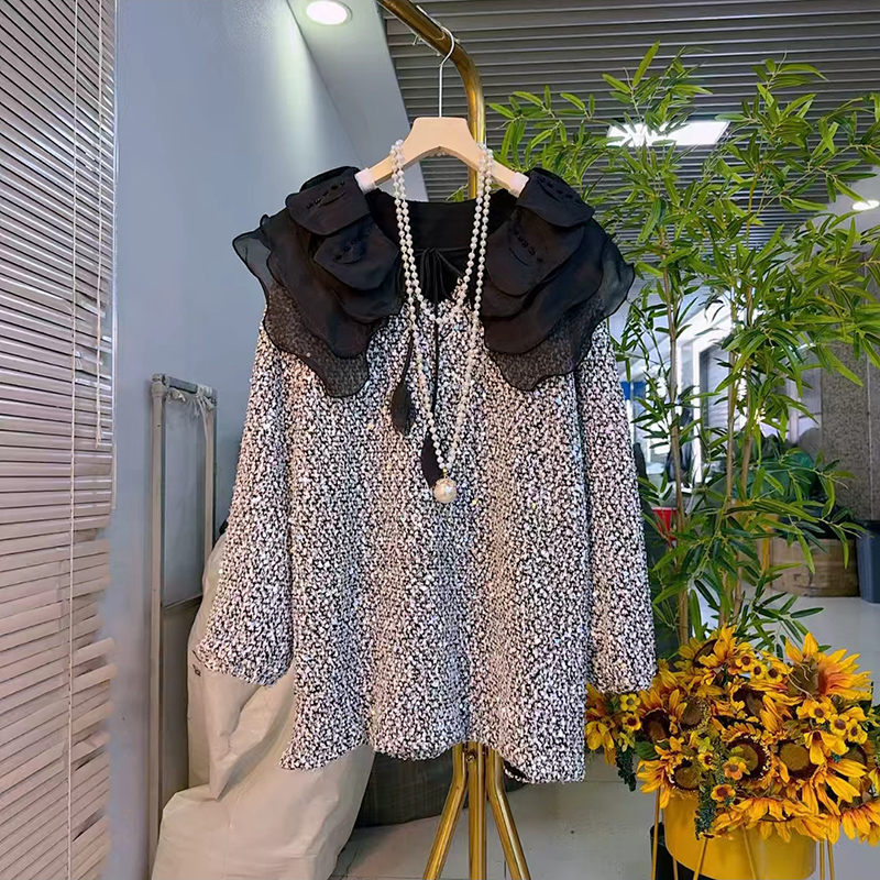 时尚拼接网纱公主娃娃领衬衫上衣