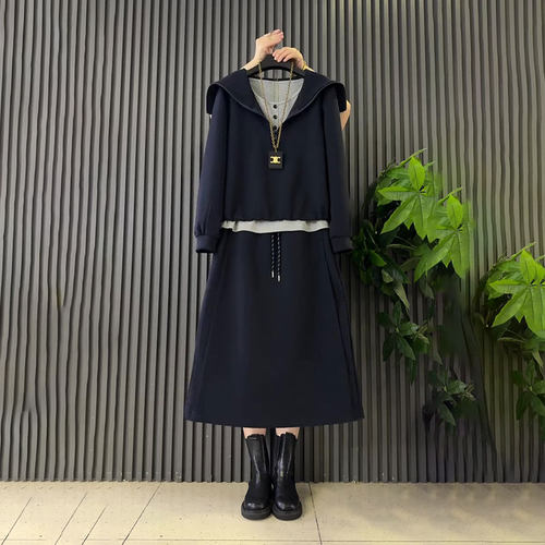 时尚洋气遮肉背心卫衣裙子三件套