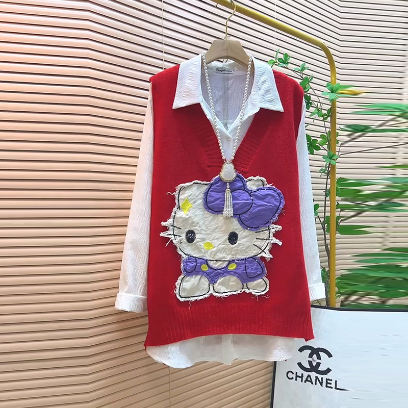 卡通猫针织宽松V领马甲打底衬衫