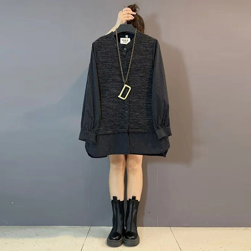 拼接针织假两件条纹衫