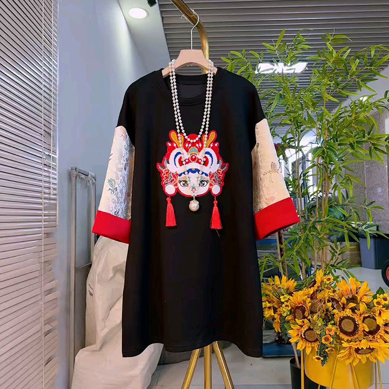 复古大码女装流苏福娃国风T恤衫