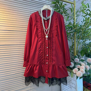 圆领长袖 女装 衬衫 减龄大码 木耳边上衣 胖MM显瘦蕾丝拼接衫 洋气长款