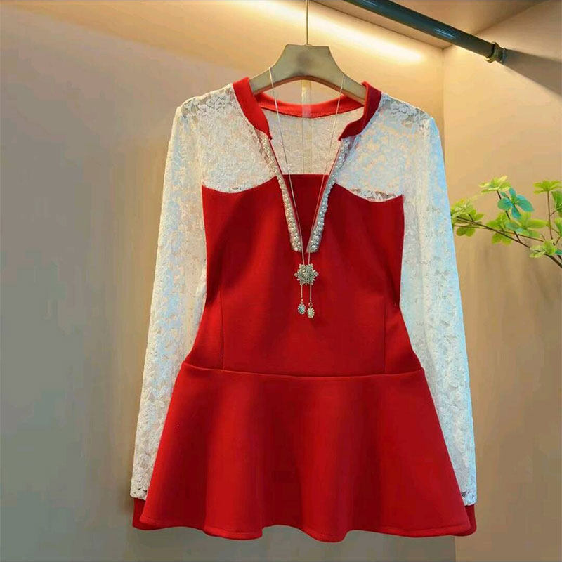 新款韩版重工钉珠设计感蕾丝拼接掐腰小衫大码女装胖mm洋气上衣女,女装/女士精品,大码内搭,淘宝优惠券,粉丝福利购,淘宝优惠卷