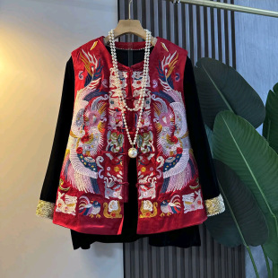 女装 胖妹妹大码 潮 打底衫 轻奢民族风复古凤凰十二生肖刺绣马甲拼袖