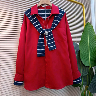 女装 加肥大版 胖妹妹大码 衬衫 慵懒风显瘦上衣 设计感拼接披肩领韩版