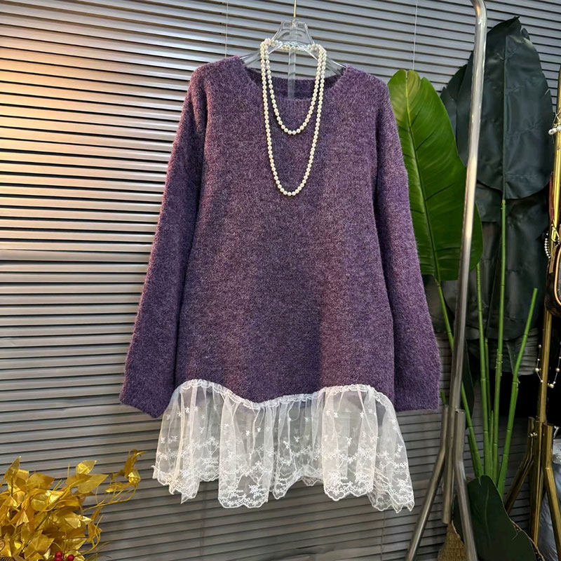 圆领拼接蕾丝长袖套头针织毛衣宽松型中长款大码女装遮肉温柔风春,女装/女士精品,大码连衣裙,淘宝优惠券,粉丝福利购,淘宝优惠卷