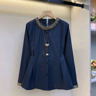 女装 欧货重工简约风钉珠收腰衬衫 大码 新款 百搭显瘦 上衣胖妹妹秋季