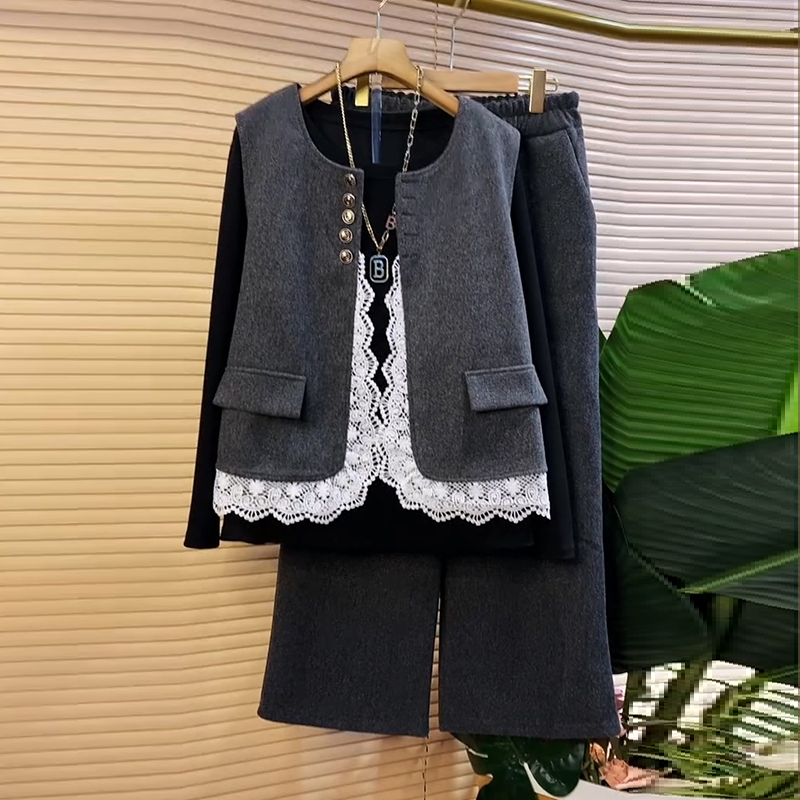 时尚蕾丝边马甲打底裤子三件套