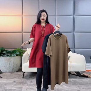 时尚胖妹妹大码女装简约百搭舒适短袖中长款连衣裙2024夏季新款