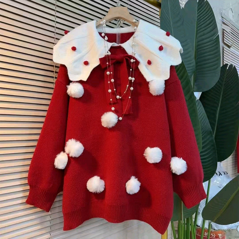 娃娃领立体装饰针织上衣