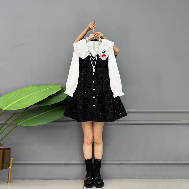 遮肉娃娃领衬衫上衣连衣裙套装冬