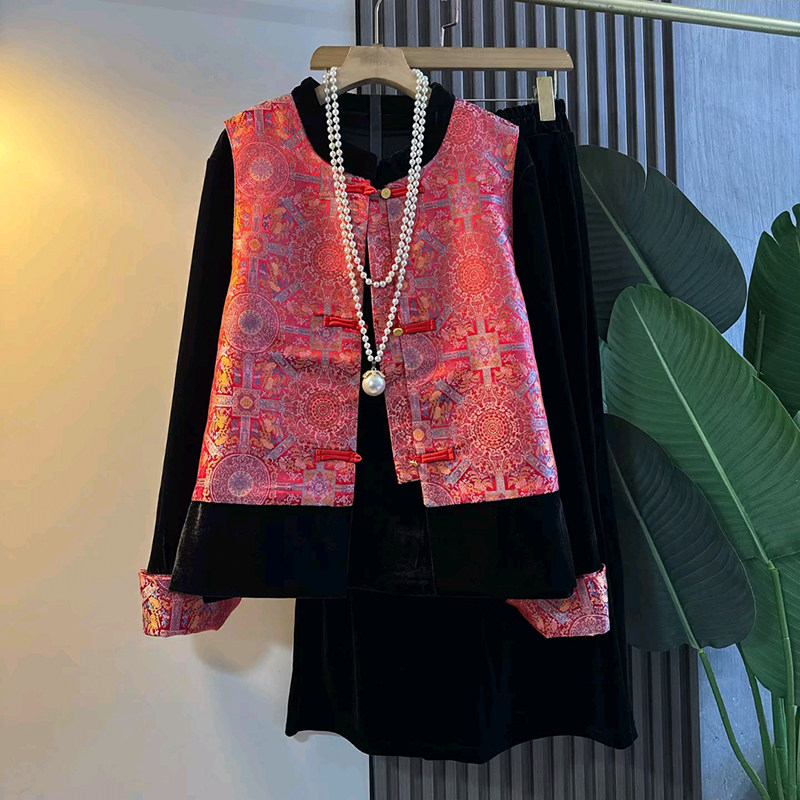 胖妹妹冬季新款大码女装时尚复古民族风提花马甲打底衫裙子三件套,女装/女士精品,大码套装,淘宝优惠券,粉丝福利购,淘宝优惠卷