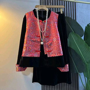 胖妹妹冬季新款大码女装时尚复古民族风提花马甲打底衫裙子三件套