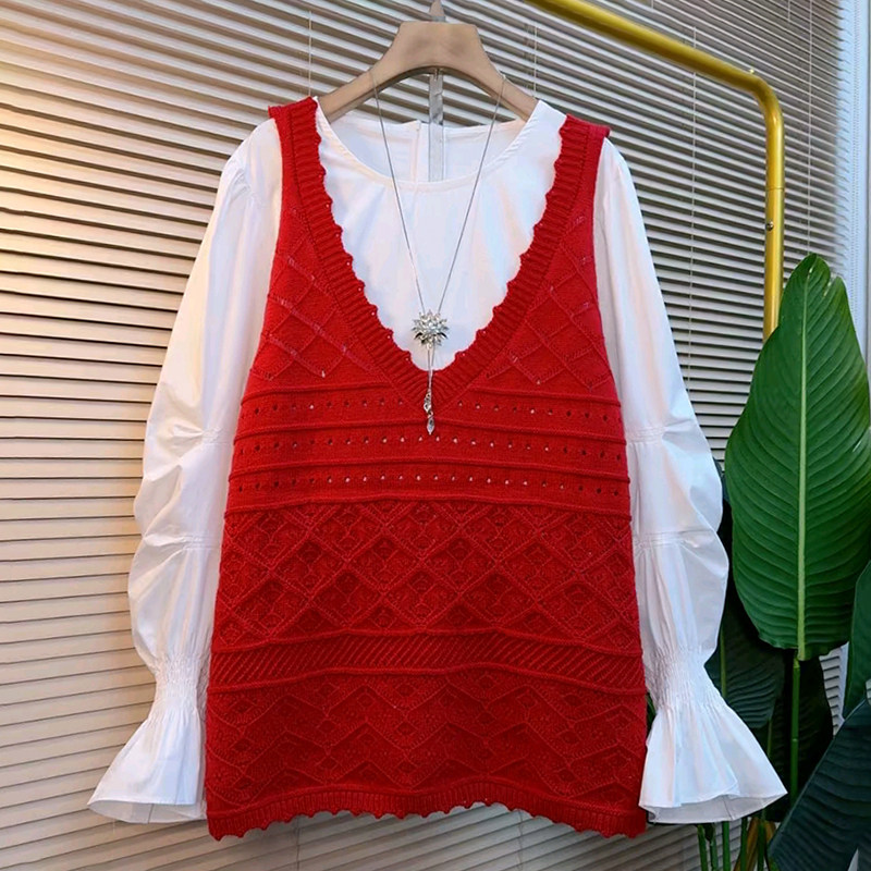 胖mm2026春季新款大码女装时尚设计泡泡袖衬衫镂空针织马甲两件套,女装/女士精品,大码套装,淘宝优惠券,粉丝福利购,淘宝优惠卷