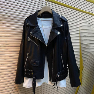 秋季 机车服 机车风炸街帅气皮夹克洋气PU皮衣外套胖MM翻领拉链大码
