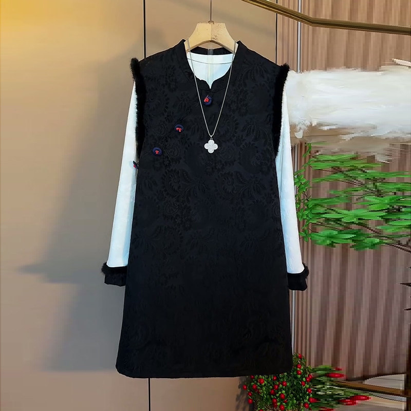 毛毛边马甲裙大码女装拼接打底衫