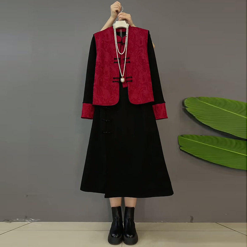 胖MM显瘦盘扣马甲2026新款拼接连衣裙两件套遮肉提花马夹大码女装,女装/女士精品,大码套装,淘宝优惠券,粉丝福利购,淘宝优惠卷