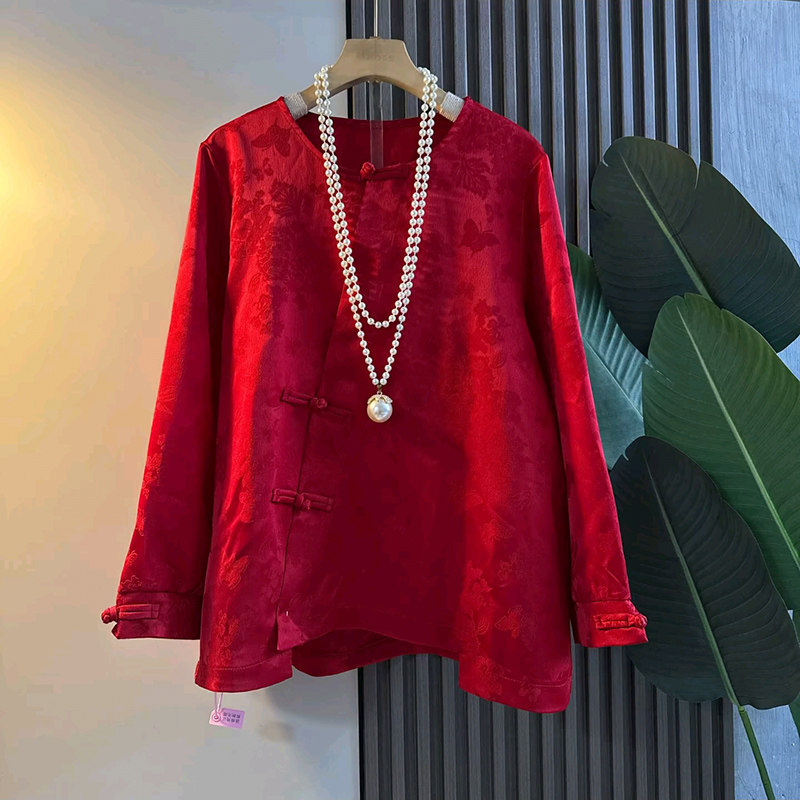胖MM显瘦盘扣提花上衣复古大码女装圆领长袖大衫2025新款国风内搭,女装/女士精品,大码内搭,淘宝优惠券,粉丝福利购,淘宝优惠卷