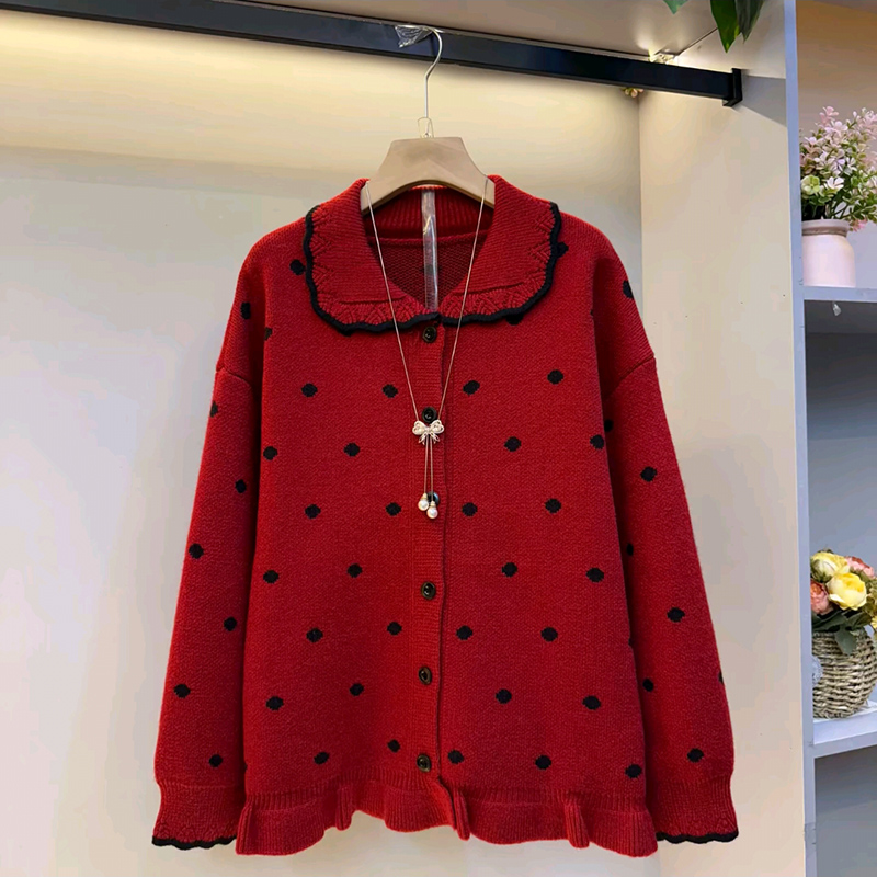 大码女装娃娃领波点针织毛衣
