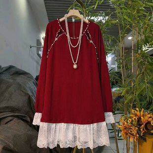 胖mm宽松显瘦大衫 新款 女装 钉珠圆领洋气蕾丝拼接连衣裙大码 裙 韩版
