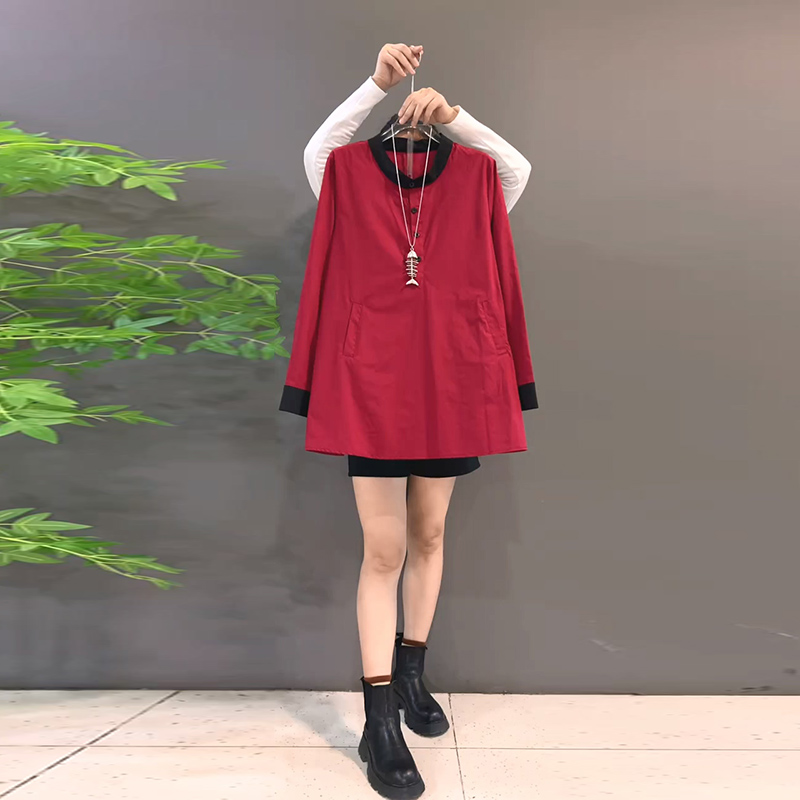 高级感圆领撞色纽扣中长款衬衫女