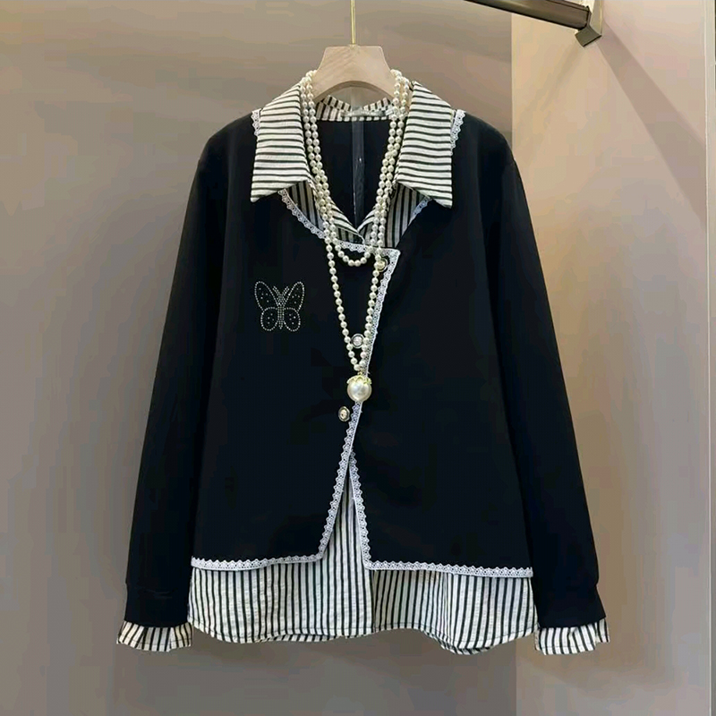 小香风拼接烫钻蝴蝶假两件卫衣