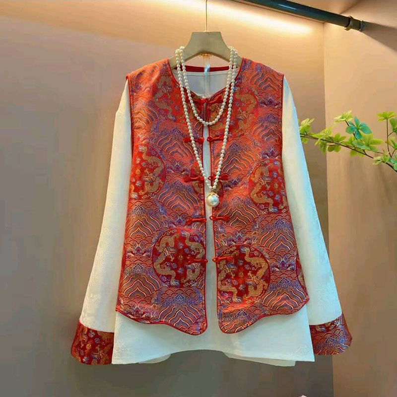 2026春季新款新中式复古盘扣提花马甲拼接袖打底衫大码女装两件套,女装/女士精品,大码套装,淘宝优惠券,粉丝福利购,淘宝优惠卷