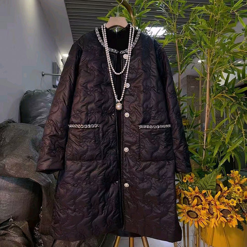 冬季大码女装刺绣小香风长款棉服