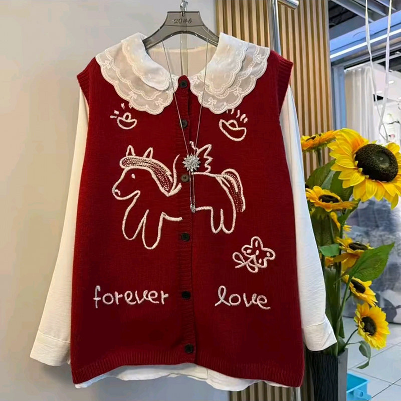 刺绣针织开衫马甲娃娃领打底衬衫