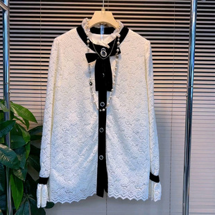 大码 衬衫 女装 饰蕾丝长袖 胖妹妹百搭上衣 气质优雅蝴蝶结装 2025新款