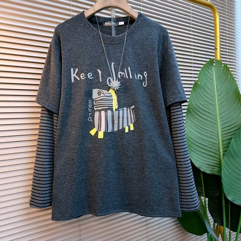 条纹袖假两件卡通上衣