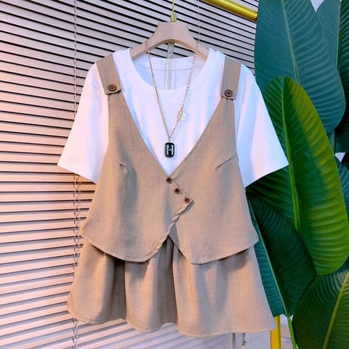 拼接马甲假两件短袖上衣