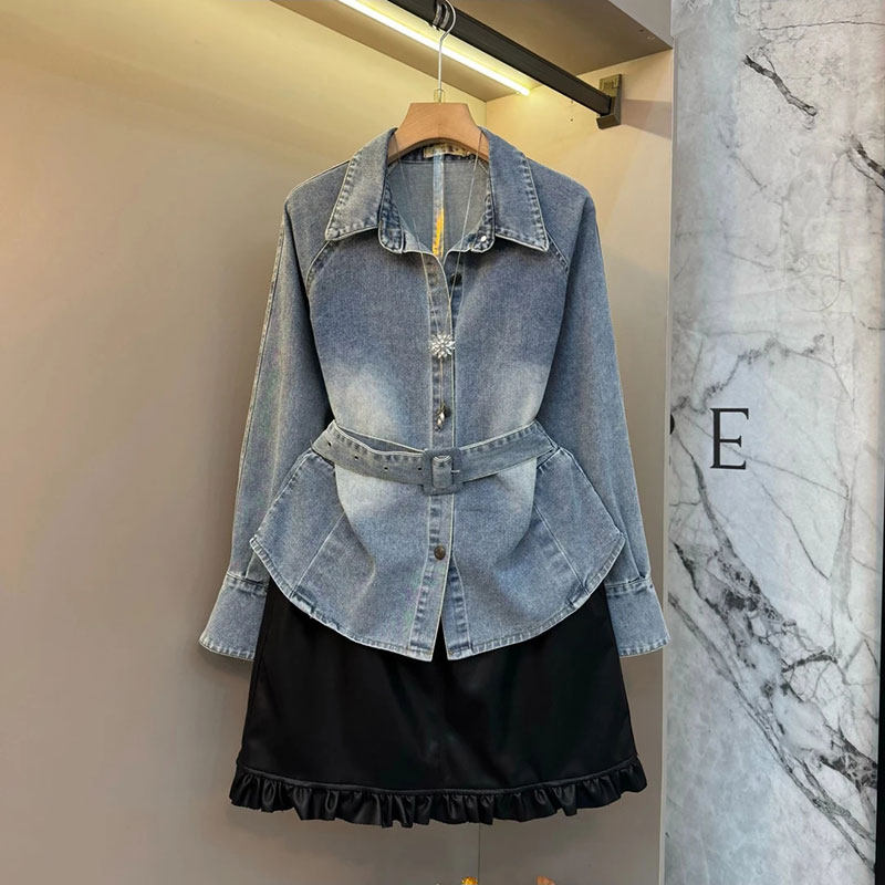2026春季新款欧货气质牛仔收腰上衣大码女装胖mm花边皮裙显瘦套装,女装/女士精品,大码套装,淘宝优惠券,粉丝福利购,淘宝优惠卷