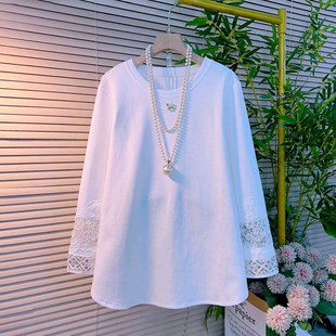 女装 重工钉珠设计拼接镂空袖 春季 时尚 休闲T恤 2026新款 胖妹妹大码