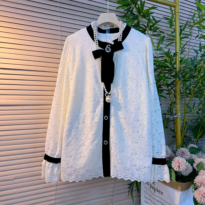 拼色重工钻蝴蝶结提花蕾丝衬衫女