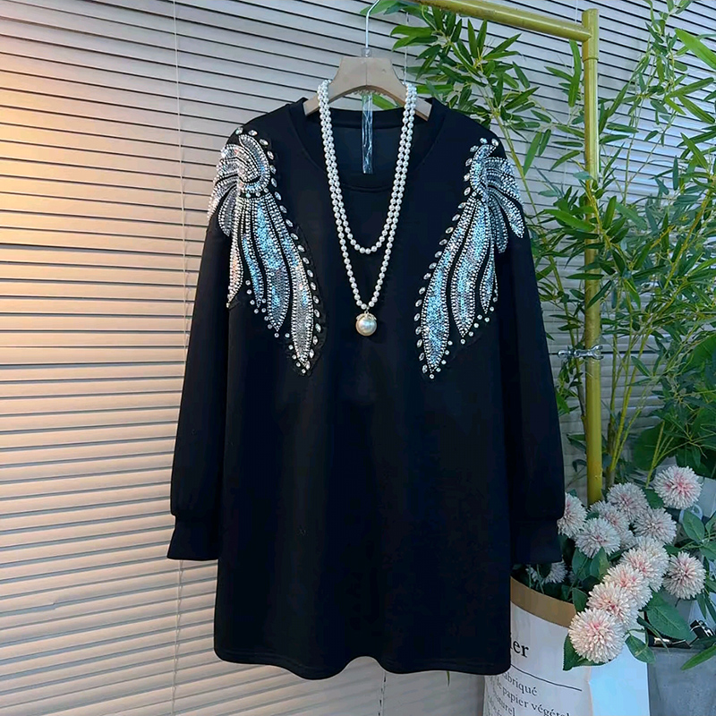 秋冬大码女装烫钻翅膀中长款卫衣