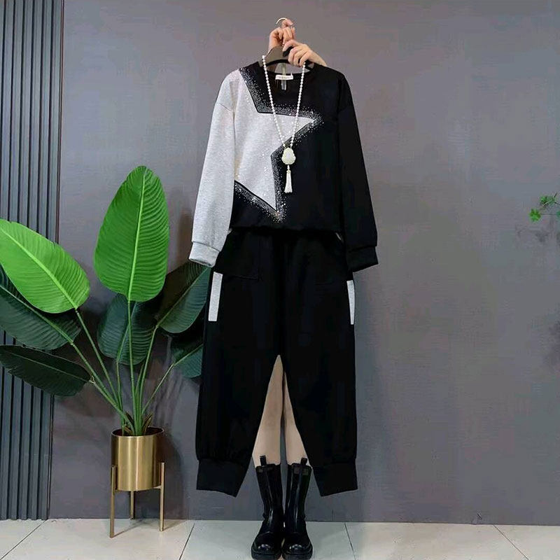 2026春季新款大码女装复古时尚撞色拼接烫钻圆领卫衣休闲裤两件套,女装/女士精品,大码套装,淘宝优惠券,粉丝福利购,淘宝优惠卷