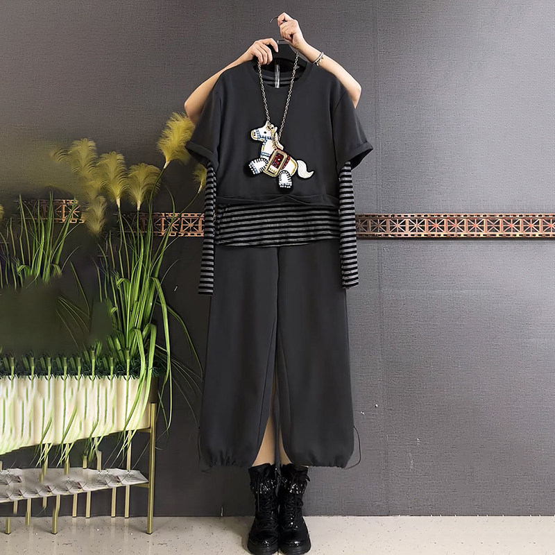 胖mm春季新款大码女装时尚假两件马图拼接条纹上衣松紧腰裤子套装,女装/女士精品,大码套装,淘宝优惠券,粉丝福利购,淘宝优惠卷