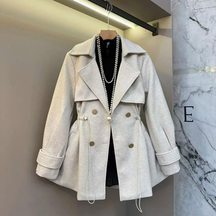 女装 秋季 领抽绳收腰毛呢加棉保暖外套大码 西装 胖mm高级感上衣 新款