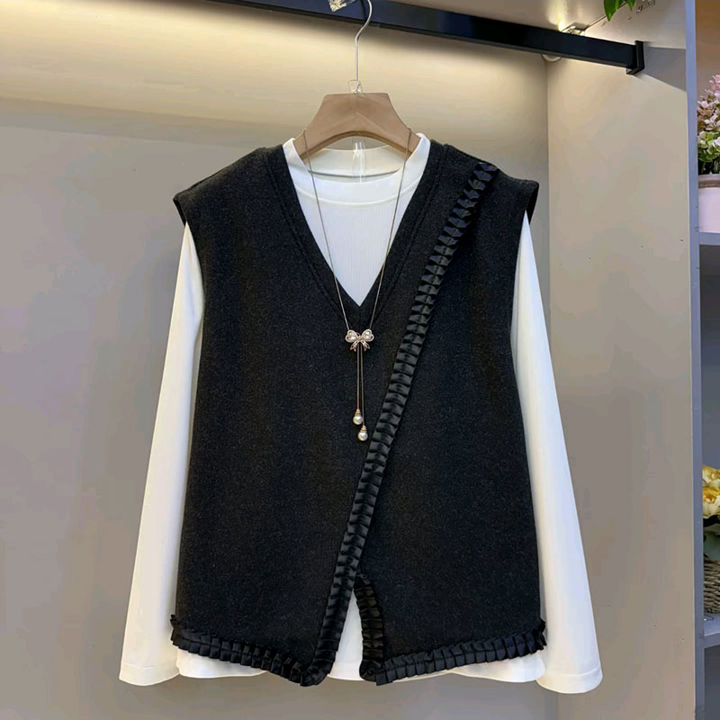 大码秋冬上衣打底衫马甲两件套潮