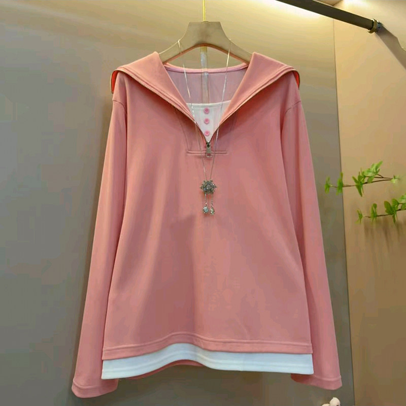 胖妹妹大码女装春季2026新款休闲百搭假两件减龄糖果色高级感上衣